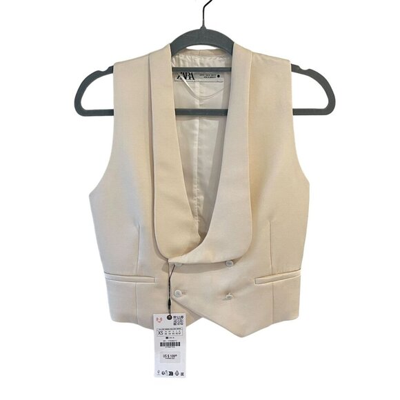 Zara Size XS Beige Double Breasted Tuxedo Vest Waistcoat Satin Trim Back Tie - Picture 5 of 12